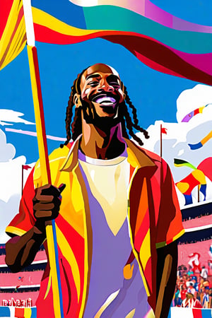 Create a  illustration of Snoop Dogg (man, Rap artist) carrying the Olympic torch at the Olympic Games. He is dressed in a stylish sports outfit that reflects his unique fashion sense, complete with accessories that showcase his personality. The background features an exciting Olympic stadium filled with cheering fans and colorful flags. Snoop Dogg has a big smile on his face as he confidently holds the torch high, symbolizing unity and celebration. Include elements like confetti and dynamic lighting to enhance the festive atmosphere