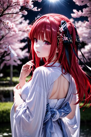 A medium shot of Nakano Nino standing amidst blooming cherry blossoms, gazing directly at the viewer with piercing  eyes (red) that sparkle like gemstones. Delicate light particles dance across her features as she wears a stunning kimono adorned with intricate jewelry, her red hair cascading down her back like a river of night sky. Capture the sensual atmosphere and alluring beauty in high detail, inviting us to step into this exquisite world, nino