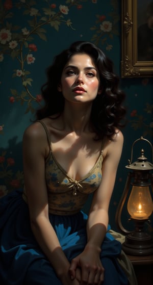 In a serene, dimly lit chamber, a ravishing woman with porcelain skin and raven tresses sits amidst. Her delicate features are illuminated by the soft glow of a lantern, as if anointed by the divine. The ultra-fine brushstrokes of deep ultramarine oil paint dance across her face, capturing every nuance of her beauty. In the background, intricate lacquerwork adorns the walls, its subtle sheen adding depth to the overall composition. The subject's gaze is cast up, as if lost in thought, amidst the swirling vortex of artistic expression. illustration, oil painting