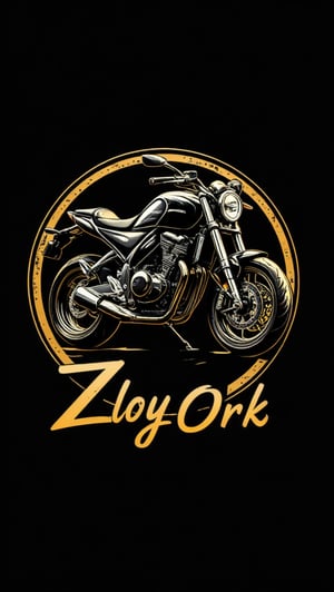 Logo badge. Design a modern and sleek logo that features a motorcycle at its core. The motorcycle should be stylized and dynamic, capturing the essence of speed and adventure. Surround the motorcycle with an elegant golden frame that highlights its form. Below or integrated with the motorcycle, incorporate the text 'ZloyOrk' in a bold and stylish font that complements the overall design. The color scheme should resonate with luxury, using gold prominently, along with contrasting colors to enhance the visual appeal