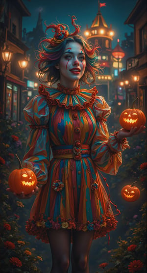 Creepy Clown: A female clown with an exaggeratedly painted face, bright rainbow-colored hair, and a whimsical costume. She juggles oddly shaped mini pumpkins. Passion gaze. The background shows a carnival scene at night, with a funhouse in the distance and eerie laughter echoing.