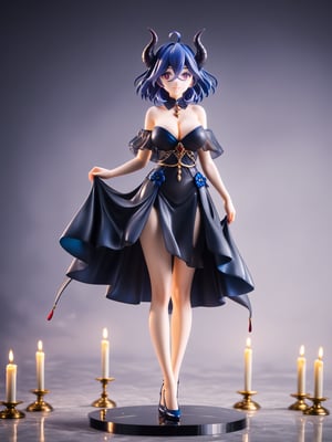 masterpiece, best quality, highres
,//Character, 
1girl, solo, vermeil \(KINSOU NO VERMEIL\), short hair, blue hair, hair between eyes, ruby eyes, horns, ahoge, big breasts, full body, long beauty legs
,//Fashion, 
black dress, bare shoulders, detached collar, cleavage, passion smile
,//Background, 
,//Others, ,Expressiveh, 
A young demoness, standing sexy pose, surrounded by ominous statues and flickering red candles, detailed background., score_9_up, score_8_up,score_7_up,3D,PVC Style