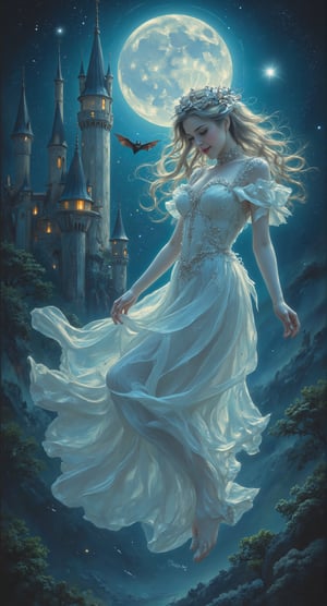 Stunning painting illustration by ZloyOrk. Ghostly Glamour: A lovely female ghost draped in elegant, flowing white fabric, floating amidst a starry night sky. She playfully interacts with a friendly bat and has a mischievous smile. The detailed background includes a haunted moonlit castle and twinkling stars.,Fantasy Regal Artgem