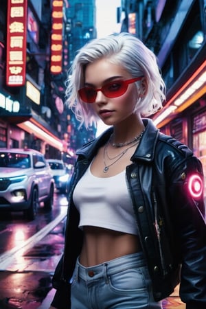 Masterpiece, professional, award-winning, intricate details, ultra high detailed, 64k, volumetric light, dynamic lighting, Movie Aesthetic, action shot, photo real, cinematic moviemaker style.
beautiful girl, thin, white hair, tips of purple hair, futuristic city, neon signs, cars with lights, walking through a Cyberpunk city alley, girl in jeans, white shirt, black jacket, red circular glasses, art by Mika Pikazo, guweiz , Wlop, unique detail, masterpiece