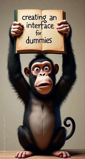 funny animals, stupid monkey, He holds a large book with the title "creating an interface for dummies" above his head with both hands.