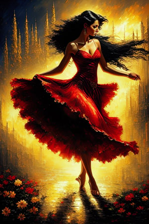 A sultry Latin dancer takes center stage under warm golden lighting. Her dark hair flows like silk as she twists and turns, her red dress shimmering like embers. The artist's brushstrokes dance across the canvas, capturing every curl of her smile and every flicker of her skirt. A dimly lit cityscape serves as a mystical backdrop, where cypress trees rise like sentinels and the moon casts an ethereal glow. Many flowers background.