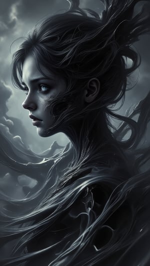 In this cinematic masterpiece, a phantasmagorical woman's silhouette materializes against a backdrop of black on white smoke layers, bathed in vibrant neon glow. Her anime-inspired portrait radiates sadness and menace, with intricately detailed features that seem to leap from the canvas. Her eyes, pools of crystal clear clarity, convey depth of sorrow and calculation. Finely detailed, ultra-detailed, high-res, absurdly resolute, her cute delicate face is framed by cinematic lighting, casting a best shadow. Beautifully detailed nose complete the portrait. The air thick with horror and nightmare fuel as this sadistic woman's form seems to writhe in agony, her existence a testament to blurred lines between sci-fi fantasy and darkest reality.