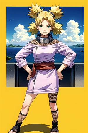 masterpiece, best quality, 1girl, ytemari, blonde hair,quad tails, dark green eyes, purple garment, sash, fishnets,  toeless footwear, looking at viewer, solo, hands on hips, standing, contrapposto, blue sky, cloud, background hidden village, A sweet face and a smile