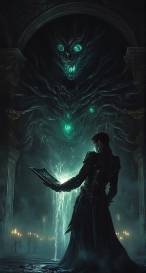 A corrupted necromancer stands in a dimly lit chamber, his hands grasping an ancient tome as he unleashes a powerful spell. The air is thick with the scent of decay and forbidden magic. His eyes glow with an otherworldly energy as he summons a portal to a dimensional universe. The darkness seems to writhe and twist around him like living shadows. Suddenly, a terrifying demon begins to emerge from the swirling vortex, its twisted form illuminated only by the faint flicker of candles in the background.