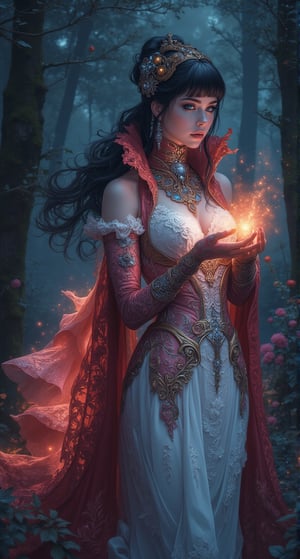 In the mystical forest, where moonlight weaves a silver tapestry across the floor, a stunning sorceress emerges from the shadows. She stands tall, veiled in crimson silk that cascades like a waterfall of night down her shoulders. Her eyes aglow like embers, she strikes a pose, emphasizing her impressive bosom beneath the tulle cape that unfurls behind her like a cloud.

The forest floor is strewn with flowers, their delicate petals reflecting the intricate gold Phoenix embroidery that wraps around her neck like a serpent. The incomparable details of her beauty are matched only by the delicacy of her skin, which seems to radiate an inner light. Her long, flowing hair appears to writhe and shift like a living thing, entwined with crystal and silver threads that glint like starlight.

As she moves, a gorgeous sacred pink pattern spreads across her arms and torso, as if the essence of magic had been distilled into her being. Her skin is taut and unblemished, with a subtle sheen that hints at the power coursing through her veins. She wears a white lace dress with intricate costume design, complete with a choker, hair beads, snowflake hair ornament, lolita hairband, and ascot. Her blue eyes sparkle beneath long bangs and blunt fringe, framing her closed mouth and captivating smile.