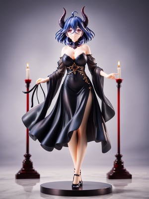 masterpiece, best quality, highres
,//Character, 
1girl, solo, vermeil \(KINSOU NO VERMEIL\), short hair, blue hair, hair between eyes, ruby eyes, horns, ahoge, big breasts, full body, long beauty legs
,//Fashion, 
black dress, bare shoulders, detached collar, cleavage, passion smile
,//Background, 
,//Others, ,Expressiveh, 
A young demoness, standing sexy pose, surrounded by ominous statues and flickering red candles, detailed background., score_9_up, score_8_up,score_7_up,3D,PVC Style