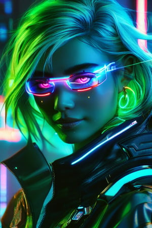 beautiful pale cyberpunk female, hyper detail, cinematic lighting, emerald hair, emerald neon light city, 4k, trending on artstation, pixiv, perfect detail, Jeremy Mann, Rutkowski, and other Artstation illustrators, intricate details, face, passion smile, neon sunglasses, full body portrait, headshot, illustration, UHD, 4K, high resolution face, detailed face, high definition eyes, detailed eyes,cyberpunk style