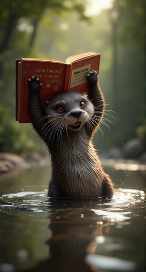 funny animals, Midjourney style, Photorealism, Cinematic style, high fidelity, realism, chiaroscuro, play of shadow and light, rays of light.
A playful otter floats on its back in a river, He holds a large book with the title "creating an interface for dummies" above his head with both hands.