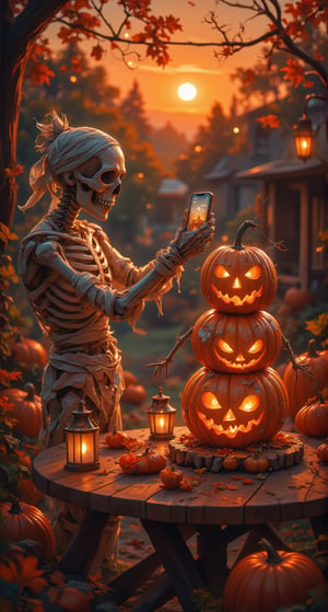  A whimsical scene unfolds: a humorous 'mummy' - a skeleton in a bandaged wrap - joyfully builds a orange pumpkin snowman amidst a spooky Halloween backdrop. The setting sun casts an eerie orange glow, illuminating the mummy's mischievous grin and the patchwork of pumpkins surrounding them. A perfectly imperfect snowman, crafted from gourds, stands tall on a wooden table, surrounded by autumn leaves and twinkling lanterns, as the mummy takes a selfie with a pumpkin snowman on mobile phone. 