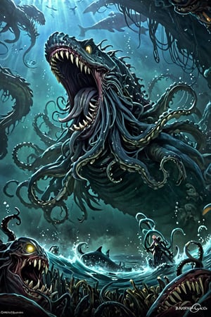 In the dark depths of the ocean, a colossal sea monster rises from the void. A massive whale, its body undulating like a living wave, is now home to a tangled mass of razor-sharp tentacles. The kraken-like appendages writhe and twist, as if fueled by Void3nergy. Sharp teeth glint in the dim light, revealing a predator's hunger. The OuterWorldAI's eerie silence surrounds this horror, where no human dares to tread.