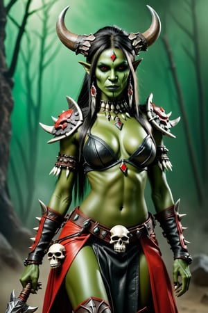  female shaman orc (((green skin))) dressed in a sexy leather outfit, sexy posing, shaman orc, green skin, tribal staff with animal skull skeleton and red crystal, animal skull in sholder, tabard, hood, creep, background from worl of war craft,