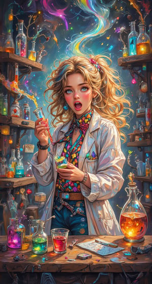 Cackling Sorceress in the Lab: A playful sorceress wearing a funky outfit lab coat excitedly experiments with colorful potions in her laboratory. Holographic rainbow. The background features an explosion of colors, flasks bubbling with unexpected results, and humorous labels on various magical ingredients scattered around. Color, Regal Fantasy Artgem