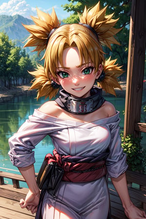 Temari, Quad Tails, Forehead Protector, Headband, Japanese Clothes, Black Kimono, Red Belt, green eyes, near to riverside, smile