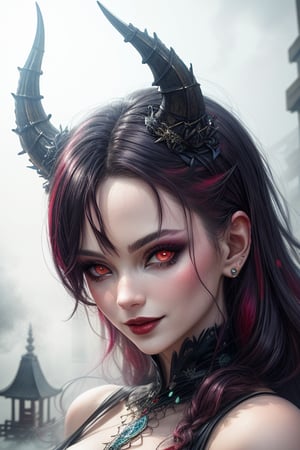 extreme detailed, (masterpiece), (top quality), (best quality), (official art), (beautiful and aesthetic:1.2), (stylish pose), (1 woman), (fractal art: 1.3), (colorful).
Mesmerizing demon girl stands alone in dimly lit foggy alley, piercing red eyes fixed intently on viewer. Ominous atmosphere hangs heavy as she appears ready to vanish into shadows. Red-black hair cascades down back like waterfall at night, morphing into intricate horns curving upwards from temples. Dark scaly texture glistens with otherworldly energy in faint moonlight. Barely noticeable, vicious smile hints at evil intentions on lips. Porcelain skin shines unearthly luminous in eerie light emanating from her being. Ears of ordinary person starkly contrast with demonic features.