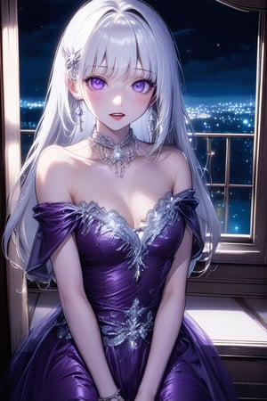 A very beautiful girl, elegant outfit (silver neckable, purple evening dress, silver hairpin, bare shoulders, elagent makeup), hime cut hairstyle, white hair, masterpiece quality, big suite window in back, it's night time, scared face, looking at viewer, upper body, stunning image, light particles, horror background, Anime Style.