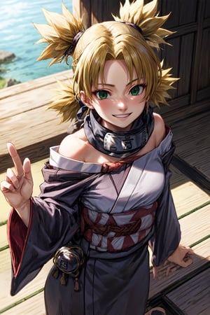 Temari, Quad Tails, Forehead Protector, Headband, Japanese Clothes, Black Kimono, Red Belt, green eyes, near to riverside, smile