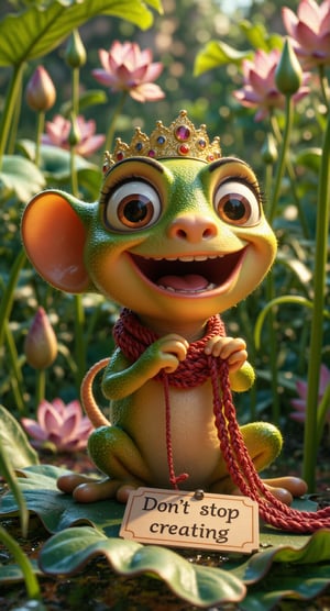 Meme, A 3d cartoon style, mixed frog and mouse posed on a lotus leaf, knitting a silk scarf with needles and crown. Luxury makeup on her face, The frog's expression is joyful and focused, with its tiny hands carefully working on the scarf. Surrounding it are blooming lotus flowers, adding soft pinks and whites to the vibrant green setting. The scene is whimsical and enchanting, with the frog's scarf growing longer as it knits, creating a charming, magical atmosphere. There is a label on the leaf with the inscription "Don't stop creating" on it.