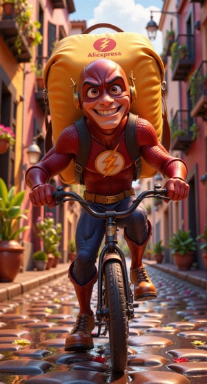 Meme, A 3d cartoon style, Superhero Flash is riding a bike down the street, on his back he has a large courier bag for food with logo - the inscription "Aliexpress" on it.