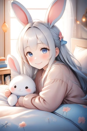 beautiful illustration, best quality, cute girl, bedroom, pastel color, fluffy bunny ears, , silver long hair, rabbit stuffed toy, bright lighting