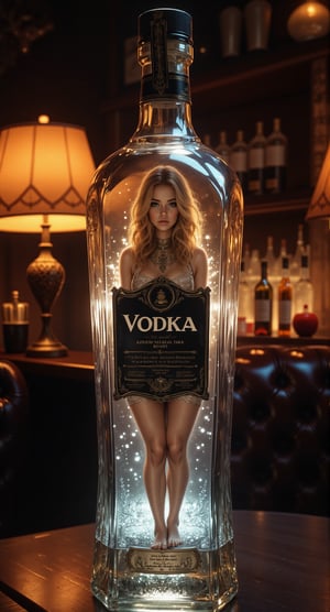 Here's a photorealistic prompt: A wide-angle shot captures the breathtaking beauty of a stunning female character. Close-up of a Vodka big bottle with big label, on the bar table. Inside the bottle is a sofa, in which a cute little passion woman stand. The little woman is illuminated with warm lighting, creating a cozy atmosphere.