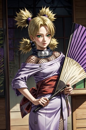 Temari , 1girl, blonde hair, quad tails, green eyes, fishnets, purple garment, sashFan,: hand fan, folding fan,