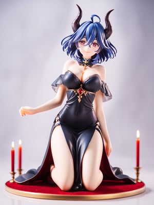 masterpiece, best quality, highres
,//Character, 
1girl, solo, vermeil \(KINSOU NO VERMEIL\), short hair, blue hair, hair between eyes, ruby eyes, horns, ahoge, passion smile, big breasts, full body, long beauty legs
,//Fashion, 
black dress, bare shoulders, detached collar, cleavage,
,//Background, 
,//Others, ,Expressiveh, 
A young priestess kneeling, sexy pose, red candles, detailed background., score_9_up, score_8_up,score_7_up,3D,PVC Style