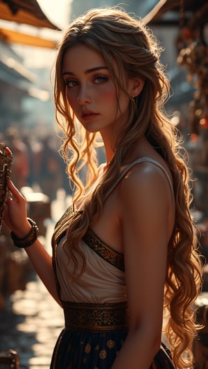 A stunningly rendered 8K CG masterpiece captures the essence of Ancient Rome's bustling streets. Under the warm glow of cinematic lighting, a breathtakingly beautiful woman with long, flowing locks and intricately detailed attire poses amidst authentic street stalls. Her delicate face, finely crafted eyes, and exquisitely rendered nose are showcased in exquisite detail, as if plucked from a fine art museum. A beautifully detailed hand cradles a vendor's wares, while her gaze seems to hold the secrets of the ancient city. Shadows dance across the scene with precision, adding depth and dimensionality to this ultra-detailed, photo-realistic illustration.