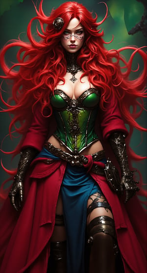 Extreme detailed character. A stunning beautiful red-haired woman dressed as the Queen of Love, full-body, blending regal elegance with steampunk and cybernetic elements. She wears a striking red dress with a green corset that emphasizes her waist, paired with a short blue skirt that adds a playful touch. The outfit is adorned with steampunk accessories—gears, goggles, and metallic details—integrated with cybernetic enhancements that give her a futuristic edge. The background is textured with complementary colors of red, green, and blue, creating a vibrant and dynamic atmosphere that highlights her commanding presence..,Midjourney style