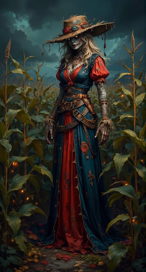 Stunning realistic illustration by ZloyOrk. Beware the Fields: A glamorous scarecrow woman stands guard in a field that seems alive, with glowing eyes peeking from the shadows of the cornstalks. Her once vibrant attire is now tattered and stained. The background is filled with dark shadows and whispering winds, creating an unsettling sense of dread.