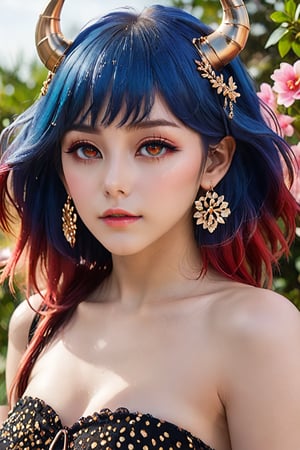 (best quality, 8k, 32k, masterpiece, UHD:1.2), highres, sharp focus, detailed outfit, absurdres, key visual, ++++, beautiful detailed hair, delicate details, *****, (((closeup, portrait, RAW, photoshop)), 1 girl, hypnotic young female with intricate headdress made of flowers and various jewels, glimmering, glittering, shining, lustrous, (very long shiny hair, silky straight hair, add volume to hair, multicolored hair, gradient hair, two-tone hair, black hair, blue hair:1.3), (fiercely glittering, gradient, golden red eyes), large hoop earrings, jewelry, parted lips, ((flushed cheeks, ultra long lashes, dark thick eyelashes, sharp black eyeliner, eyeshadow, flawless makeup)), cute, sweet, shy, flirtatious, beautiful, alluring, entrancing, hypnotic, enchanting, captivating beauty, (dynamic pose, dynamic angle), looking at viewer, nice hands, perfect hands, (Dutch angle view, looking at viewer, closeup, bokeh), (((detailed scenery, detailed backdrop)), (cinematic lighting, special effects), glitt3r, octane render, megapixel, perfect shadow, gyaru, tied shirt, open clothes, bikini, leopard print, Vermeil, blue hair, red eyes, horns, 1girl