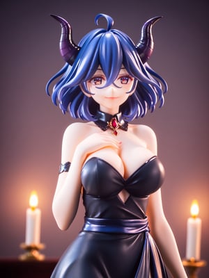 masterpiece, best quality, highres
,//Character, 
1girl, solo, vermeil \(KINSOU NO VERMEIL\), short hair, blue hair, hair between eyes, ruby eyes, horns, ahoge, big breasts 
,//Fashion, 
black dress, bare shoulders, detached collar, cleavage, passion smile
,//Background, 
,//Others, ,Expressiveh, 
A young demoness, standing sexy pose, surrounded by ominous statues and flickering red candles, detailed background., score_9_up, score_8_up,score_7_up,3D,PVC Style