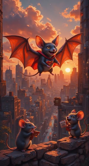 A bat wearing a superhero cape, perched on a city skyline at sunset, ready to swoop down to save a some mouse of playful. The bat strikes a heroic pose, with a comical expression, while the mice cheer him on, holding tiny banners that say “SUPERBAT”,funny animals