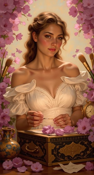 Soft golden light illuminates a whimsical scene: a woman sits amidst swirling calligraphy brushes within an ornate lacquerwork box. Delicate features and feathery hair blend with the creative fervor. Her hands cradle the box, as wispy clouds of deep pink and purple hues mingle in the dreamlike background. Oil painting or illustration captures refined craftsmanship, dainty elegance, and lost artistic reverie. illustration, oil painting