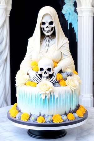 A buttercream cake sculpture full body closeup of a female Pocong with a skull face (the ghostly figure is swathed in a tattered death shroud), her large breasts are visible, its hollow eyes glowing with an otherworldly intensity. Mini figure by Aaron Horkey and Jeremy Mann, figure decorated in elaborate colorful designs,  displayed on a marble counter, there is buttercream frosting with iridescent gloss, sugar flowers, and piping, 
