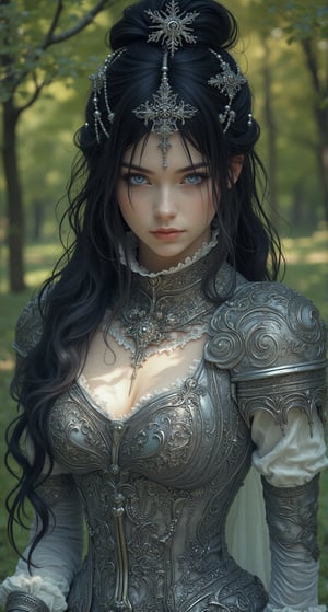 Medieval setting. A majestic snowflake haired female knight stands solo in a sun-dappled forest glade, donning crystal armor and flaunting long, luscious locks with subtle bangs framing her face. She strikes a sexy pose, adorned with hair beads and an elaborate lolita hairband, as piercing blue eyes seem to sparkle against the rich darkness of her black locks. The intricate costume design features a pattern of white lace dress and delicate trims, punctuated by a snowflake-shaped hair ornament dangling from the top knot.