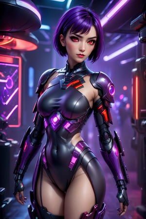 Photo Realistic, 8k. A hyper-detailed digital painting. A stunning concept art model, cyberpunk, scifi, futuristic inside a club 1girl, short dark purple hair, red eyes, big breasts, Android, gynoid wearing purple colored futuristic battle armor and weapon.
Postproduction and HDR enhance the image's quality, making it a masterpiece of ultra-realistic photography, shot at 8K resolution.