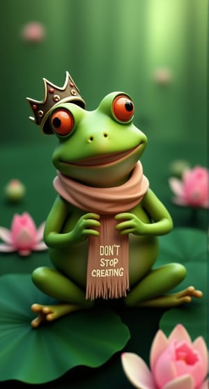 Meme, A 3d cartoon style frog sexy pose on a lotus leaf, (There is a label on the leaf with the inscription "Don't stop creating" on it) knitting a silk scarf with needles and crown. Luxury makeup on her face, The frog's expression is joyful and focused, with its tiny hands carefully working on the scarf. Surrounding it are blooming lotus flowers, adding soft pinks and whites to the vibrant green setting. The scene is whimsical and enchanting, with the frog's scarf growing longer as it knits, creating a charming, magical atmosphere. 