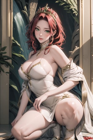 A stately beauty Malty, stands tall, her piercing green eyes directly addressing the viewer with confidence and pride. Her extremely long, red locks cascade down her back like a golden waterfall, framing her radiant face. A delicate white tiara crowns her head, complementing the flowing pastel hues of her sexy white dress. Big chestnut breasts peek out from beneath the dress's sweetheart neckline, adding to the overall sense of mastery and beauty in this stunning portrait.,one knee