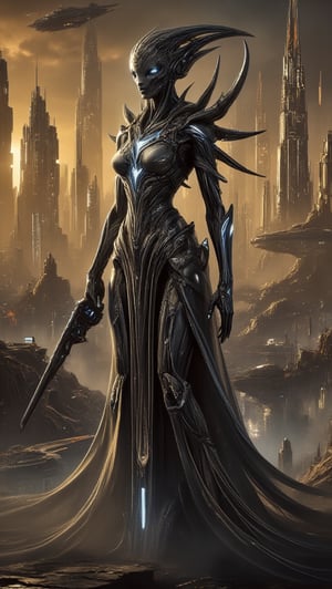 In an otherworldly cityscape, a statuesque alien warrior stands tall, her figure silhouetted against a neon-lit backdrop of gleaming skyscrapers and hovering spacecraft. Her majestic physique is showcased from head to toe, with razor-sharp facial features that seem chiseled from the very stars themselves. Her eyes, like polished gemstones, shine bright with ethereal intensity as she grasps a sleek device emitting a soft blue glow that echoes luminescent accents on her gleaming armor. The city's neon hues of gold, white, and black cast an eerie glow, illuminating her regal presence as she surveys the futuristic metropolis.