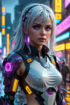 ((masterpiece, best quality;1.3)), ultra detailed, 8k unity wallpapers, CG, illustration, colorful, cinematic shadow, extremely detailed and beautiful background, wide-angle lens, ((solo, 1girl, mature female)), purple eyes, extremely detailed and beautiful face, extremely detailed and beautiful eyes, head gear, white hair, long hair, medium breasts, rain, cyberpunk city, cyberpunk armor, full body,