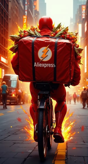 Superhero Flash is riding a bike down the street, on his back he has a large courier bag for food with logo - the inscription "Aliexpress" on it.