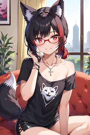 1girl Tekeli,//, black fox ears, animal ear fluff, black fox tail, black hair, red inner hair, short ponytail, sidelocks, red eyes, collarbones, small chest,//, fashion, red glasses,cross necklace, black shirt, fox pattern,//, blush, smile, looking at viewer,//, adjusting hair, focus on necklace, detailed necklace,//, indoors, scenery, emo