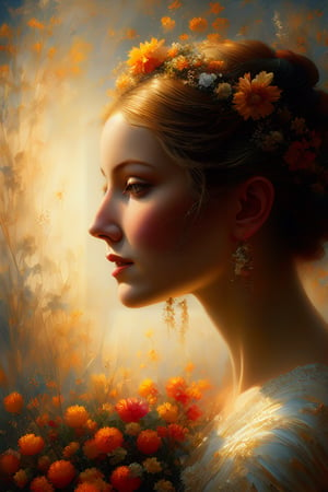 A warm, golden light envelops Dafne's serene countenance as she gazes softly into the distance, her features illuminated by Eric Alfaro's masterful brushstrokes within an ornate frame. Against a gradient background of delicate flowers, her gentle expression seems lost in thought, surrounded by the quiet contemplation that permeates the intimate oil painting.