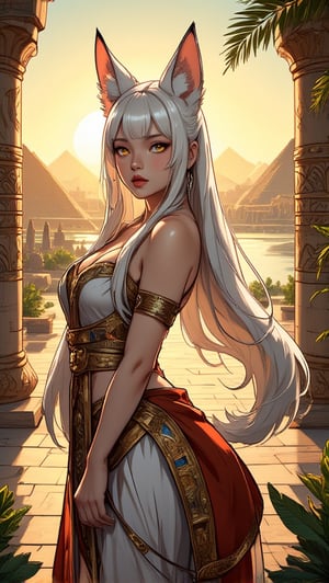 A majestic fox girl, donning sumptuous attire adorned with intricate patterns and dazzling jewels, stands amidst the grandeur of ancient Mesopotamia. Her long, straight white hair cascades down her back like a river of silk, framing a face of exquisite symmetry and delicate features. The setting sun casts a warm golden light upon her, as well as the towering ziggurats and the mighty Euphrates River. Palm trees sway gently in the breeze, their fronds rustling softly against the backdrop of ancient architecture. Her animal ear fluff and fox ears peek out from beneath her bangs, as she sports a serene expression, reflecting the tranquility of her surroundings. The soft glow of sunset highlights her yellow eyes, adding to her enigmatic allure. In this stunning 8k anime wallpaper illustration, the beautiful woman with extra ears and long hair stands strong, a symbol of Mesopotamia's enduring beauty and splendor.