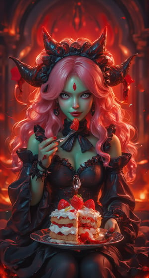 Stunning image by ZloyOrk style, Full body blind box figure. In a cinematic 8K masterpiece by ZloyOrk style, a stunning demoness figure sits solo, surrounded by the fiery underworld landscape. Happiness face. Her vibrant green skin glows beneath her dark flowing robe with an otherworldly sheen. Large bat-like wings and horns protrude from her forehead. She wears a maid headdress adorned with long hair and bangs, framing her bright green eyes. A strawberry shortcake cake sits before her, topped with a fork, as she holds it with one hand while eating with the other. Her pink hair cascades down her back like a fiery waterfall. The plate and utensils reflect the warm light of the infernal setting, emphasizing her demonic nature.